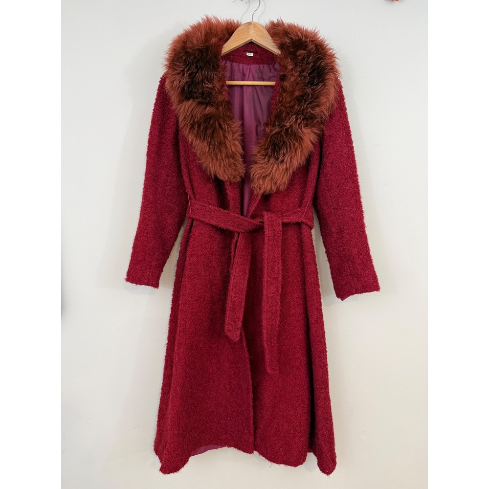 VTG 70s Penny Lane Bouclé Coat Wine Burgundy Faux Fur Collar England S/M